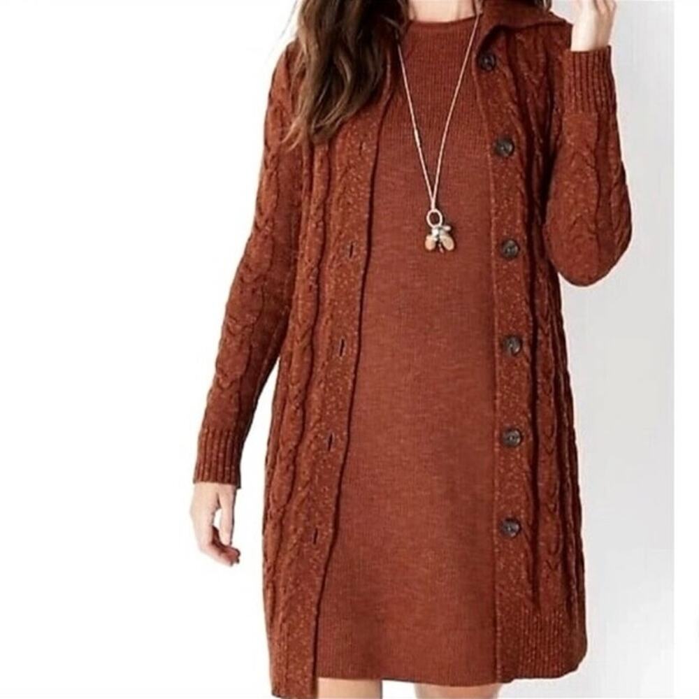 NWT!! Womens J Jill Auburn Cable knit Long Line Wool Blend Cardigan, Brown, MP